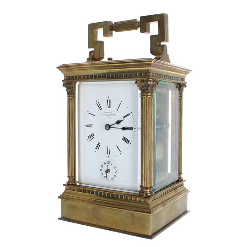 1216 - Good repeater carriage clock with alarm, the movement striking with two hammers on a single gong and... 