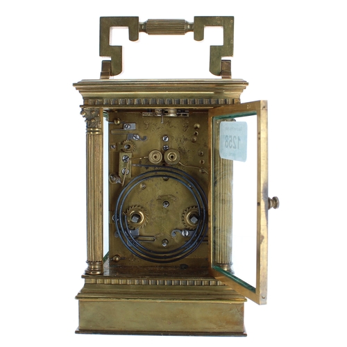 1216 - Good repeater carriage clock with alarm, the movement striking with two hammers on a single gong and... 