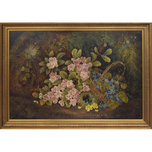 819 - Vincent Clare (1855-1930) - a still life of flowers in a basket with a birds nest and eggs in the fo... 