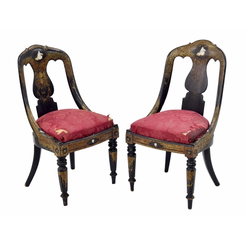 870 - Pair of attractive Victorian ebonised and gilt papier maché salon chairs, a shaped back over figural... 