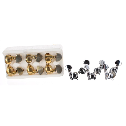 1104 - Set of Grover USA gold plated kidney button three-a-side guitar tuners (wear to plating); together w... 