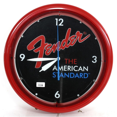 1118 - 1990s Fender 'The American Standard' neon dealer wall dial clock, 19.5