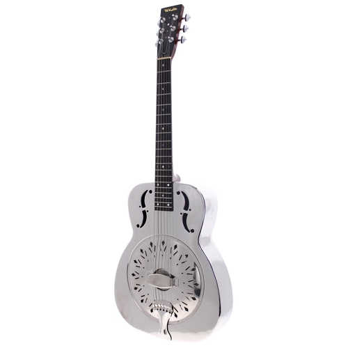 81 - Single cone resonator guitar; Body: nickel plated steel; Neck: mahogany; Fretboard: ebony; Frets: go... 