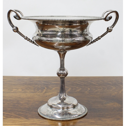 1 - Swedish silver plated twin handled pedestal bon bon dish stamped A.G. Dufva, with engraved floral bo... 