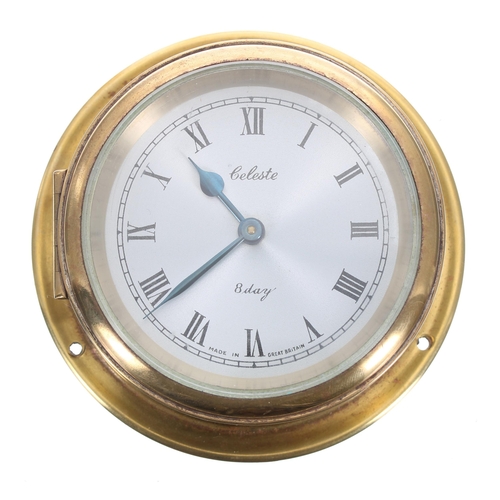 7 - Celeste British made brass bulkhead type clock, with an 8 day lever movement, 90mm diameter... 