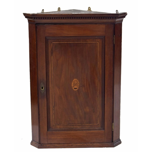 78 - Georgian mahogany hanging corner cupboard, with moulded and carved key cornice over panelled door wi... 