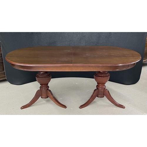 80 - Mahogany extending oval twin pedestal dining table, together with six mahogany dining chairs (two ca... 