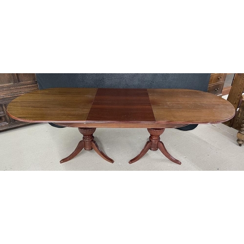 80 - Mahogany extending oval twin pedestal dining table, together with six mahogany dining chairs (two ca... 