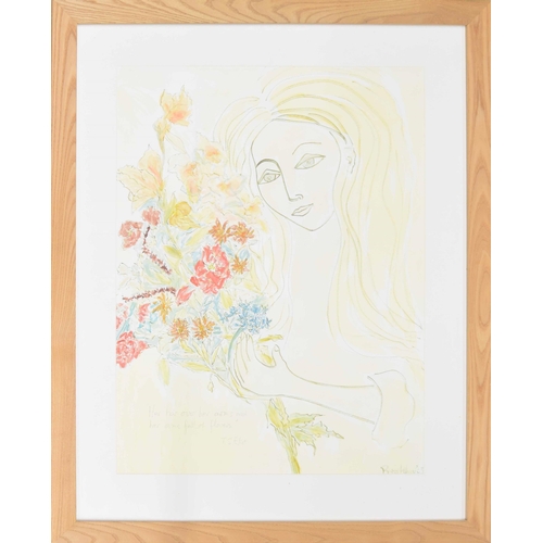 67 - Shirly Borokhov (20th century) - portrait of a young girl holding flowers inscribed in pencil 'her h... 