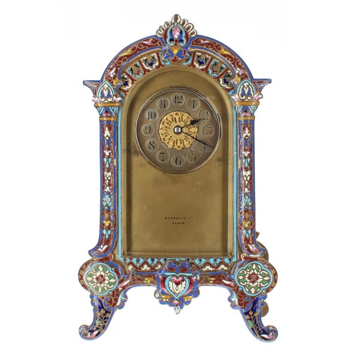 1205 - Unusual French cloisonne cased carriage type mantel clock striking on gong, the movement back plate ... 