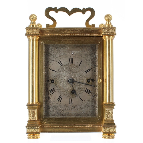 1206 - Interesting and unusual Austrian ormolu three train Grande Sonnerie carriage clock, the movement str... 