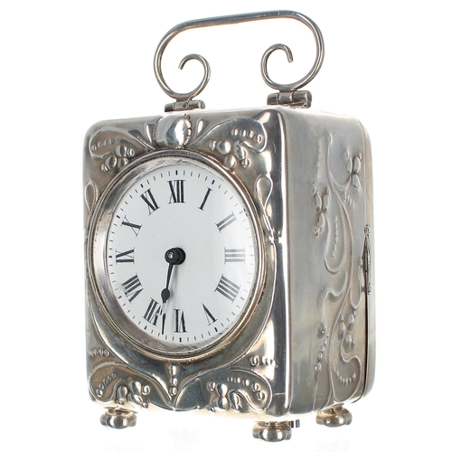 1303 - Edwardian miniature silver cased carriage clock timepiece, the French movement with fixed key wind, ... 