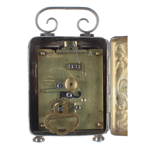 1303 - Edwardian miniature silver cased carriage clock timepiece, the French movement with fixed key wind, ... 