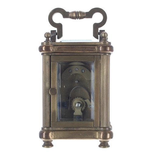 1305 - Miniature carriage clock timepiece, the enamel dial with Roman and Arabic numerals within a brass ma... 