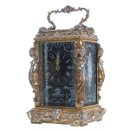 1307 - Miniature English silver carriage clock timepiece, with black enamel dial and sides decorated with s... 