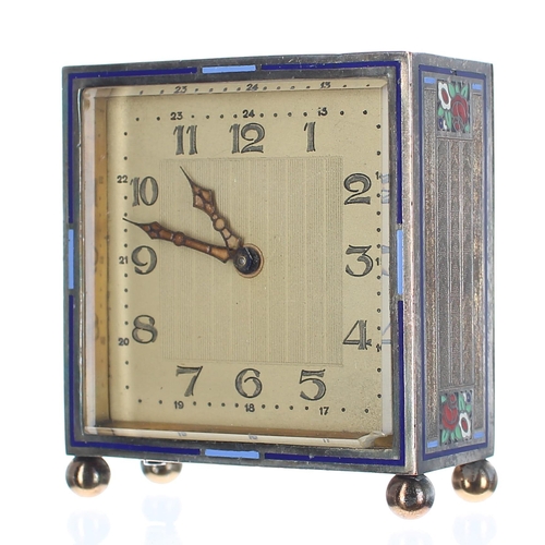 1308 - Miniature silvered and enamel decorated square travelling clock timepiece, with fixed key wind, 2.75... 