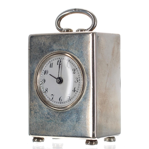 1309 - Edwardian miniature silver cased carriage clock timepiece, the white enamel dial within a plain case... 