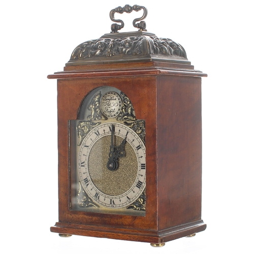 1313 - Miniature walnut bracket clock timepiece, the movement with fixed key wind and bearing the trademark... 