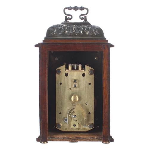 1313 - Miniature walnut bracket clock timepiece, the movement with fixed key wind and bearing the trademark... 