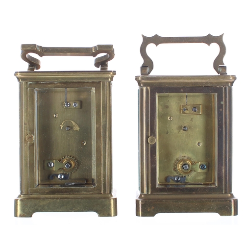 1314 - Two similar carriage clock timepieces within corniche brass cases, both 5.75