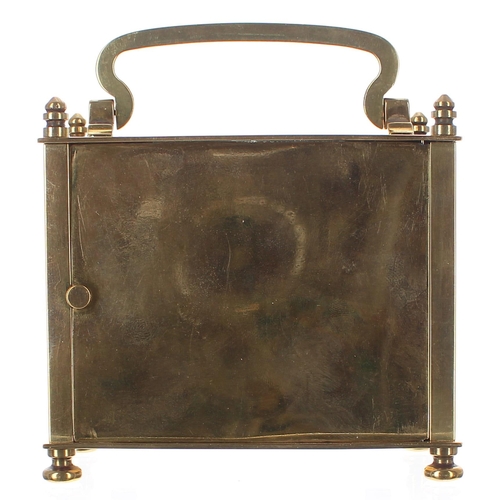 1316 - Unusual French carriage clock timepiece with fixed key wind, within a rectangular pillared brass cas... 