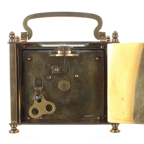 1316 - Unusual French carriage clock timepiece with fixed key wind, within a rectangular pillared brass cas... 