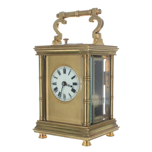 1318 - Small repeater carriage clock striking on a gong, stamped France to the base, the white enamel dial ... 