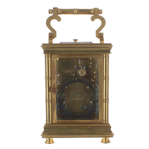 1318 - Small repeater carriage clock striking on a gong, stamped France to the base, the white enamel dial ... 