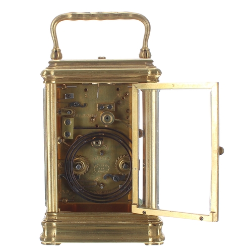 1322 - French repeater carriage clock with alarm striking on a gong, the movement back plate stamped Made i... 