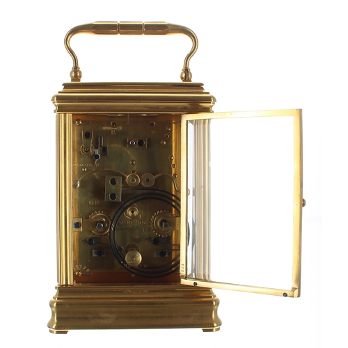 1324 - Drocourt repeater carriage clock with alarm, the movement striking with two hammers on a gong, stamp... 