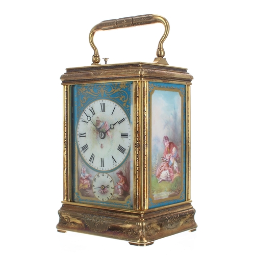 1331 - Fine Drocourt porcelain panelled repeater carriage clock with alarm, the movement back plate bearing... 