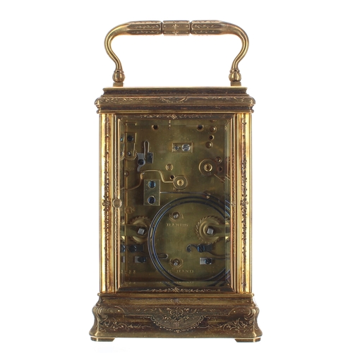 1331 - Fine Drocourt porcelain panelled repeater carriage clock with alarm, the movement back plate bearing... 