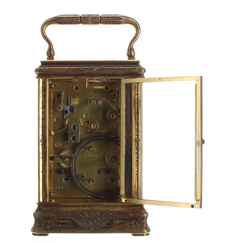 1331 - Fine Drocourt porcelain panelled repeater carriage clock with alarm, the movement back plate bearing... 