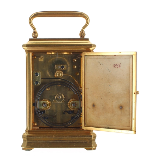 1332 - Fine repeater porcelain panelled carriage clock striking on a gong, the movement back plate stamped ... 