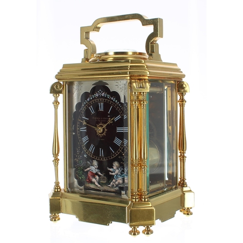 1333 - Good French gilded brass repeating carriage clock striking on a gong, the black painted porcelain di... 