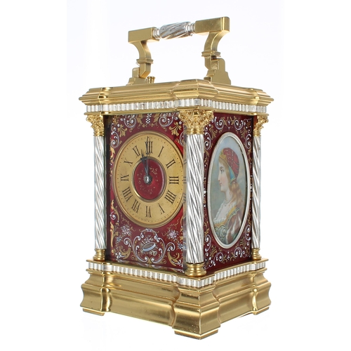 1334 - Fine French repeating and enamel panelled carriage clock with alarm, the movement striking on two go... 