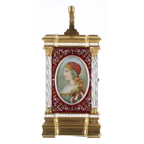 1334 - Fine French repeating and enamel panelled carriage clock with alarm, the movement striking on two go... 