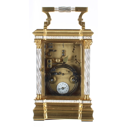 1334 - Fine French repeating and enamel panelled carriage clock with alarm, the movement striking on two go... 