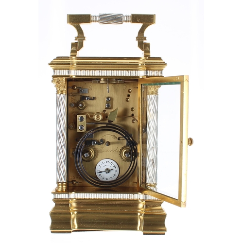 1334 - Fine French repeating and enamel panelled carriage clock with alarm, the movement striking on two go... 