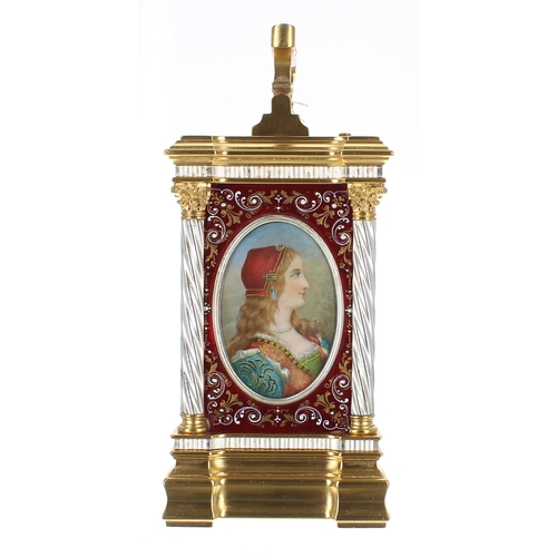 1334 - Fine French repeating and enamel panelled carriage clock with alarm, the movement striking on two go... 