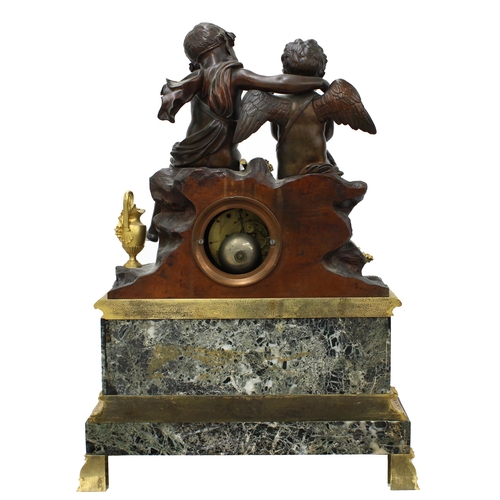 1351 - Good French bronze, ormolu and green marble large two train figural mantel clock, the movement with ... 