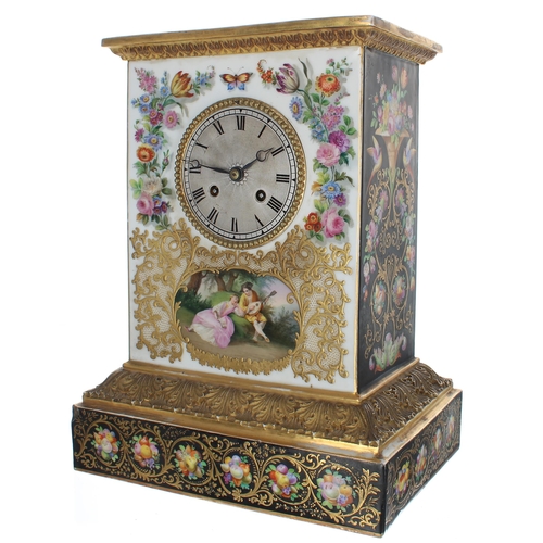 1353 - French porcelain two train mantel clock, the Pons movement with silk suspension and outside countwhe... 