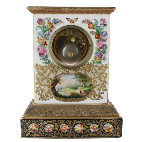 1353 - French porcelain two train mantel clock, the Pons movement with silk suspension and outside countwhe... 