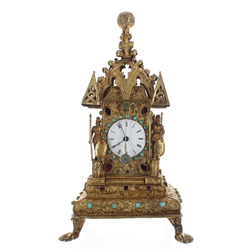 1365 - Interesting miniature Austro-Hungarian silver-gilt mantel clock timepiece, the pagoda style case eng... 