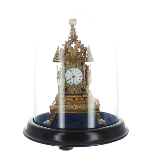 1365 - Interesting miniature Austro-Hungarian silver-gilt mantel clock timepiece, the pagoda style case eng... 