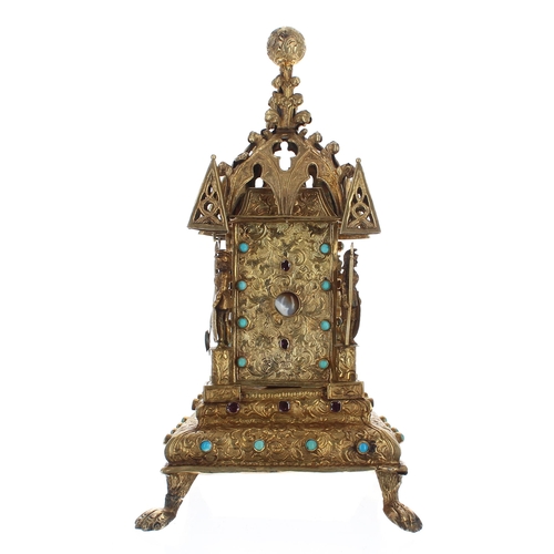 1365 - Interesting miniature Austro-Hungarian silver-gilt mantel clock timepiece, the pagoda style case eng... 