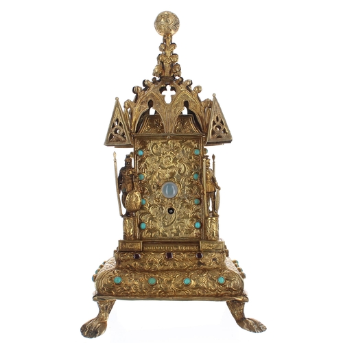 1365 - Interesting miniature Austro-Hungarian silver-gilt mantel clock timepiece, the pagoda style case eng... 