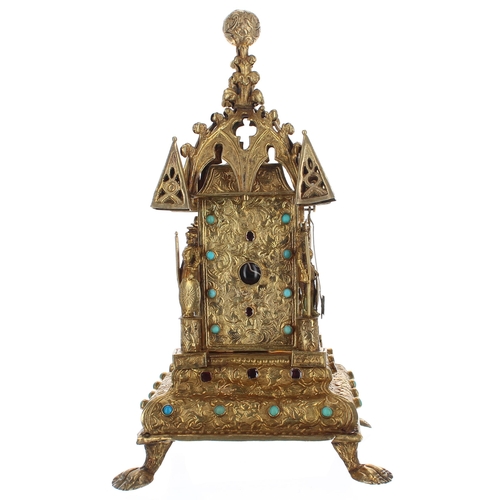 1365 - Interesting miniature Austro-Hungarian silver-gilt mantel clock timepiece, the pagoda style case eng... 