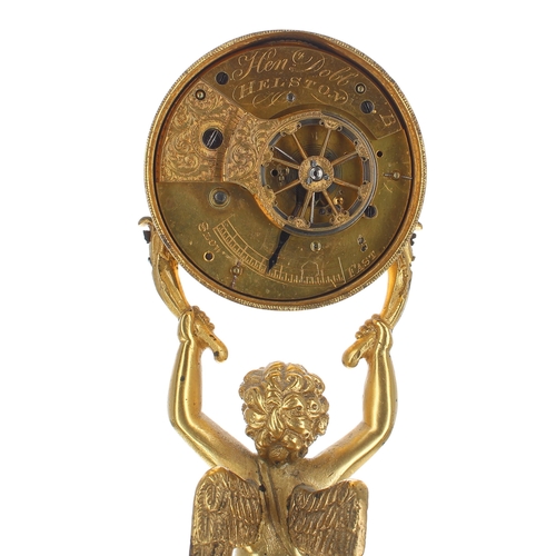 1367 - Small English ormolu figural desk clock timepiece, the watch movement signed on the back plate Henry... 