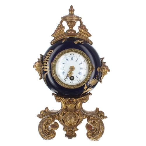 1368 - Small French gilt metal and cobalt blue pottery mantel clock timepiece with platform escapement, the... 